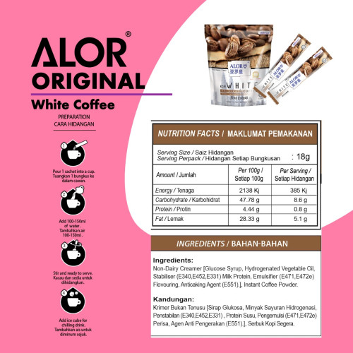 Alor Original 2 In 1 White Coffee 18gram x 16 sachets (non-sugar)