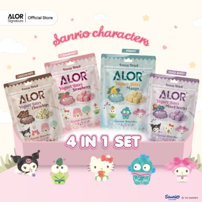 Sanrio Edition: Alor Freeze-Dried Yogurt Bites 4-in-1 Value Bundle [30g/50g x 4 packets] – Strawberry, Mixed Berries, Chocochips & Mango with Sanrio characters