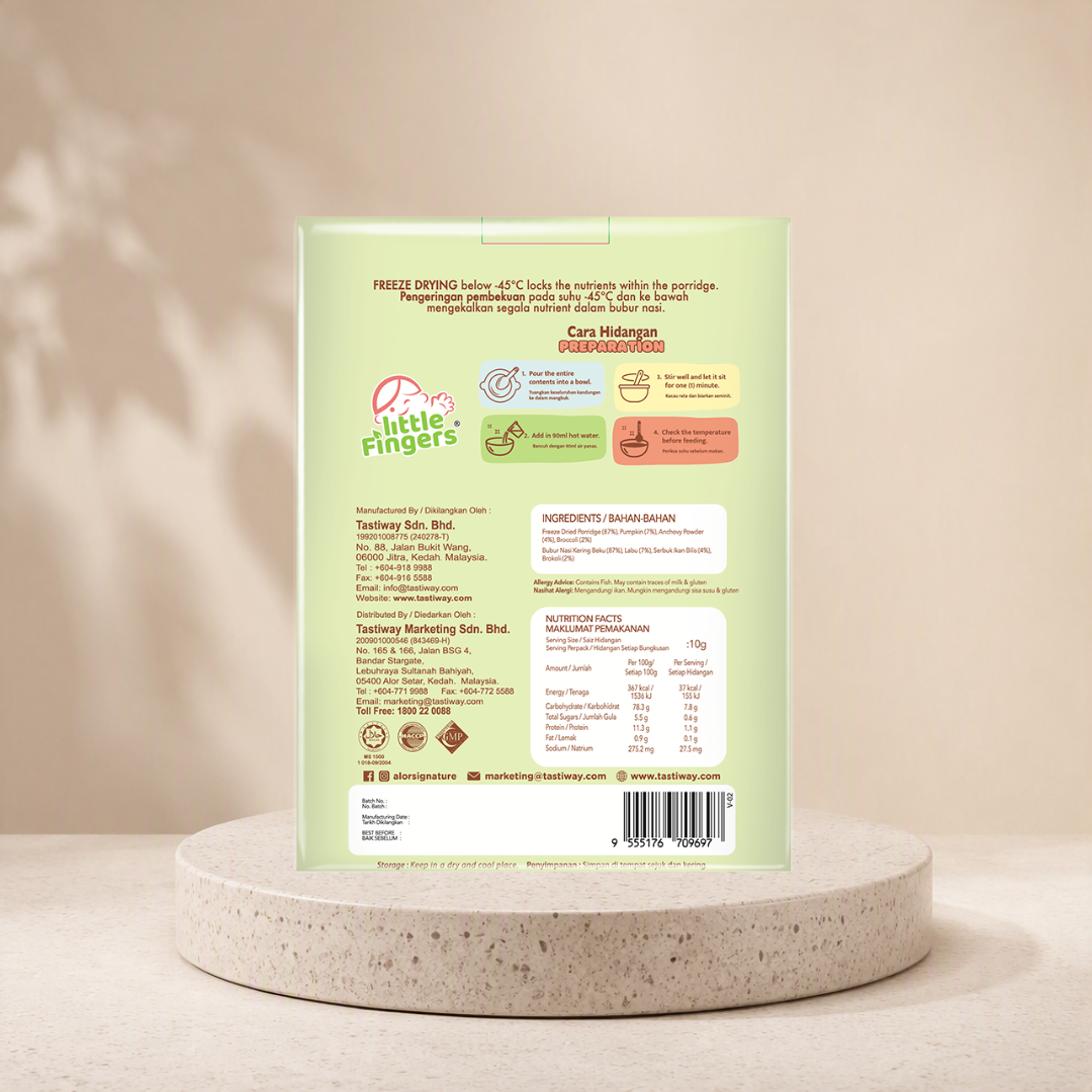 Little Fingers Freeze-Dried Porridge with Anchovy, Broccoli & Pumpkin (3 packets/box) - Image 2